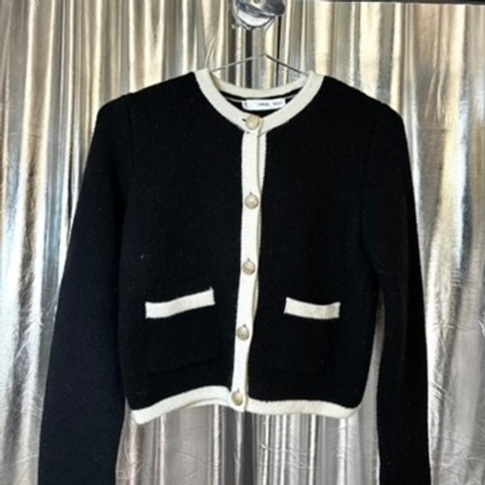 Mango Black Cream Trim Cropped Cardigan Sweater